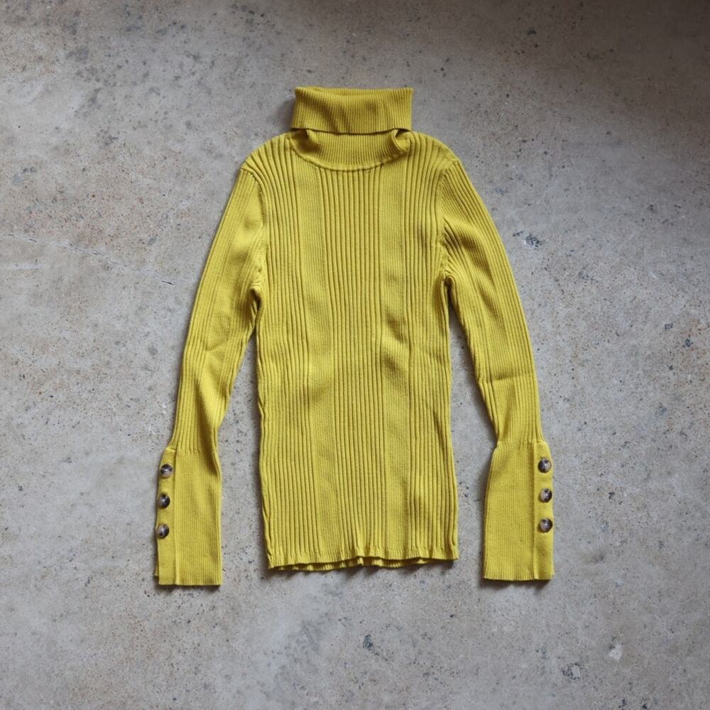 Moth Anthropologie Ribbed Button Cuff Turtleneck Sweater Chartreause L